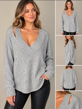 LINE The Label Grey Alpaca Blend Deep V-Neck Cutout Oversized Sweater M